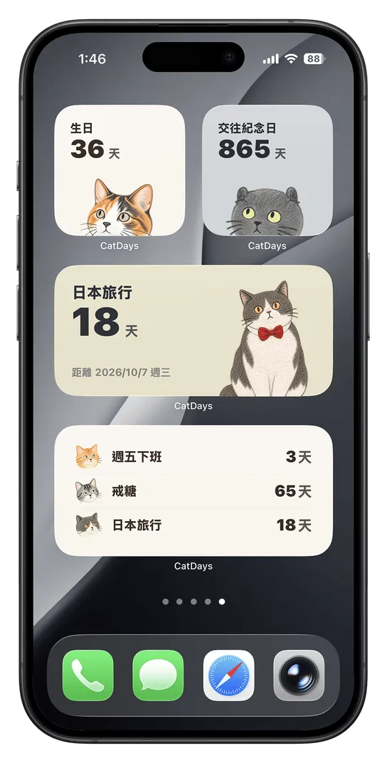 CatDays 倒數小工具放在 iPhone 主畫面的各種尺寸