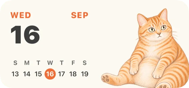 Calendar Home Screen widget: the date and month with a cat illustration