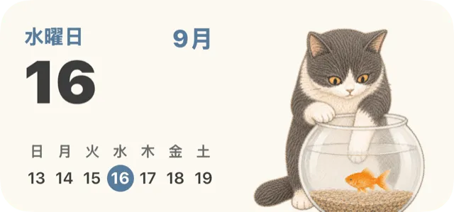 ホーム画面のカレンダーウィジェット：日付や月間カレンダーと猫のイラスト